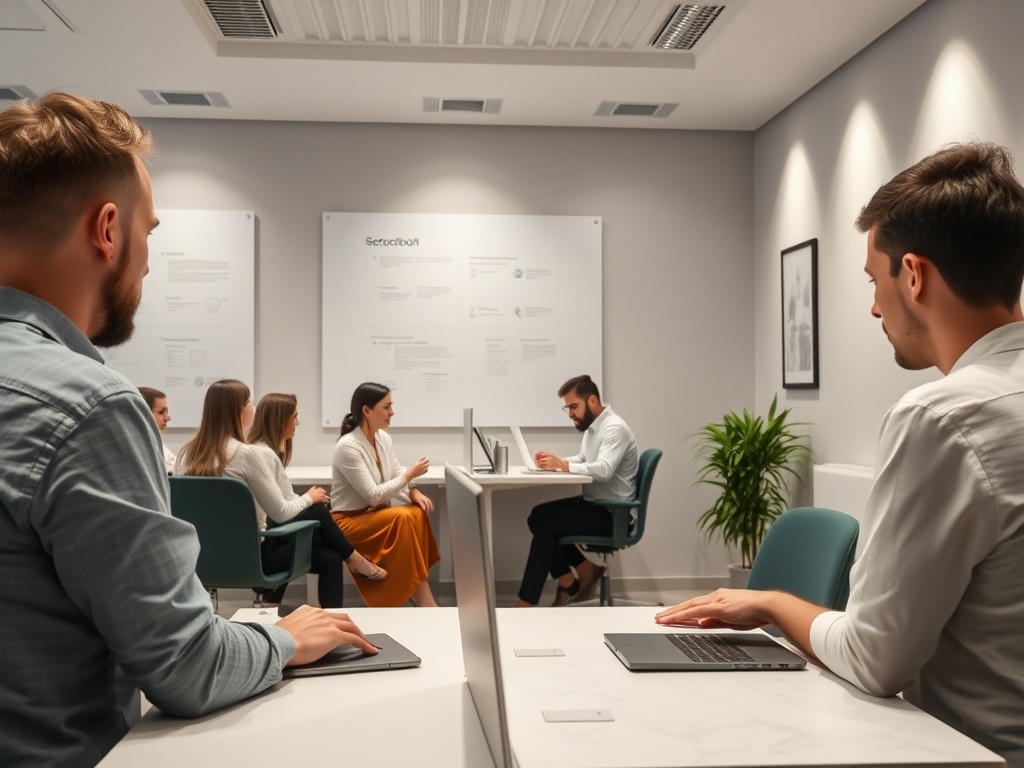 Два человека сидят за столами, а группа из четырех человек обсуждает что-то в офисной обстановке.