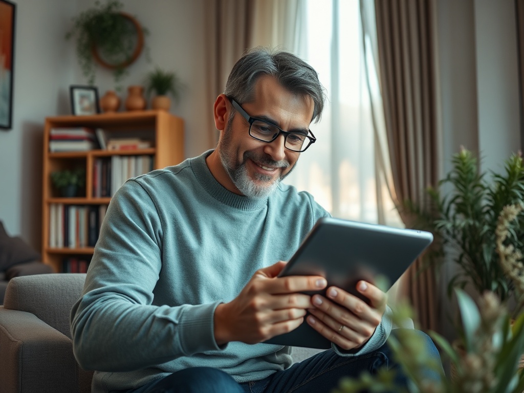 Мужчина с седеющими волосами и очками улыбается, глядя на планшет в уютной обстановке.