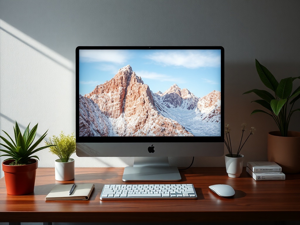 На столе стоит компьютер с изображением гор и растений в горшках рядом. Солнечный свет падает на стол.