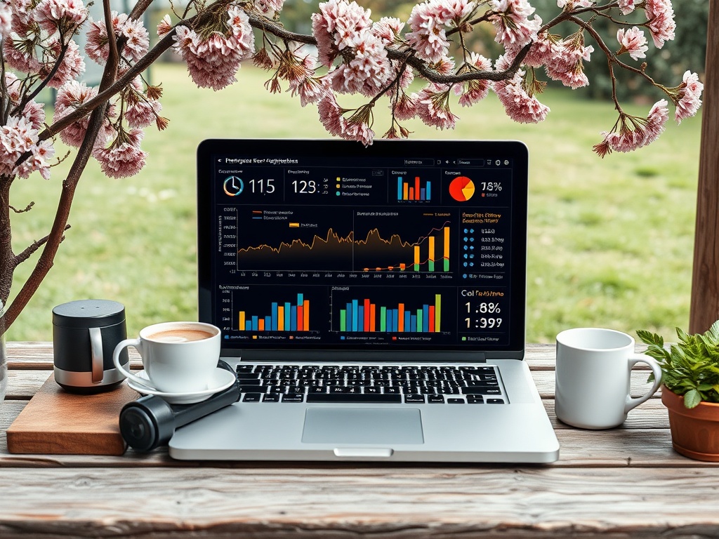 На столе стоит ноутбук с графиками, чашка кофе, черный стакан и цветы рядом. Солнечный день на улице.