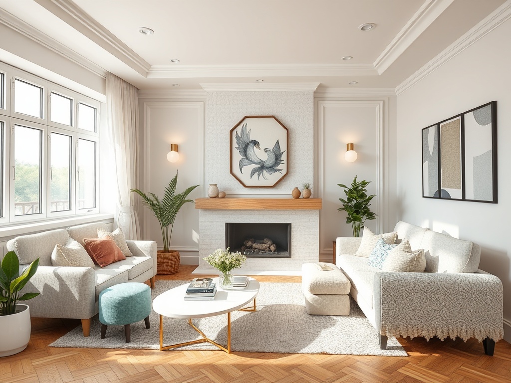 Светлая гостиная с уютными диванами, камином и картинами на стенах, окруженная зелеными растениями.