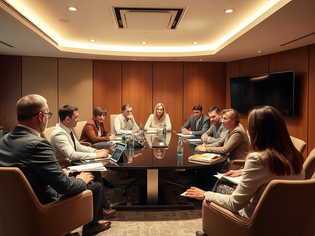Группа людей за круглым столом на деловой встрече в конференц-зале. Обсуждение и работа с документами.