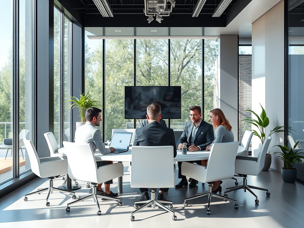 Современно оформленная конференц-комната, группа людей обсуждает проект за круглым столом.