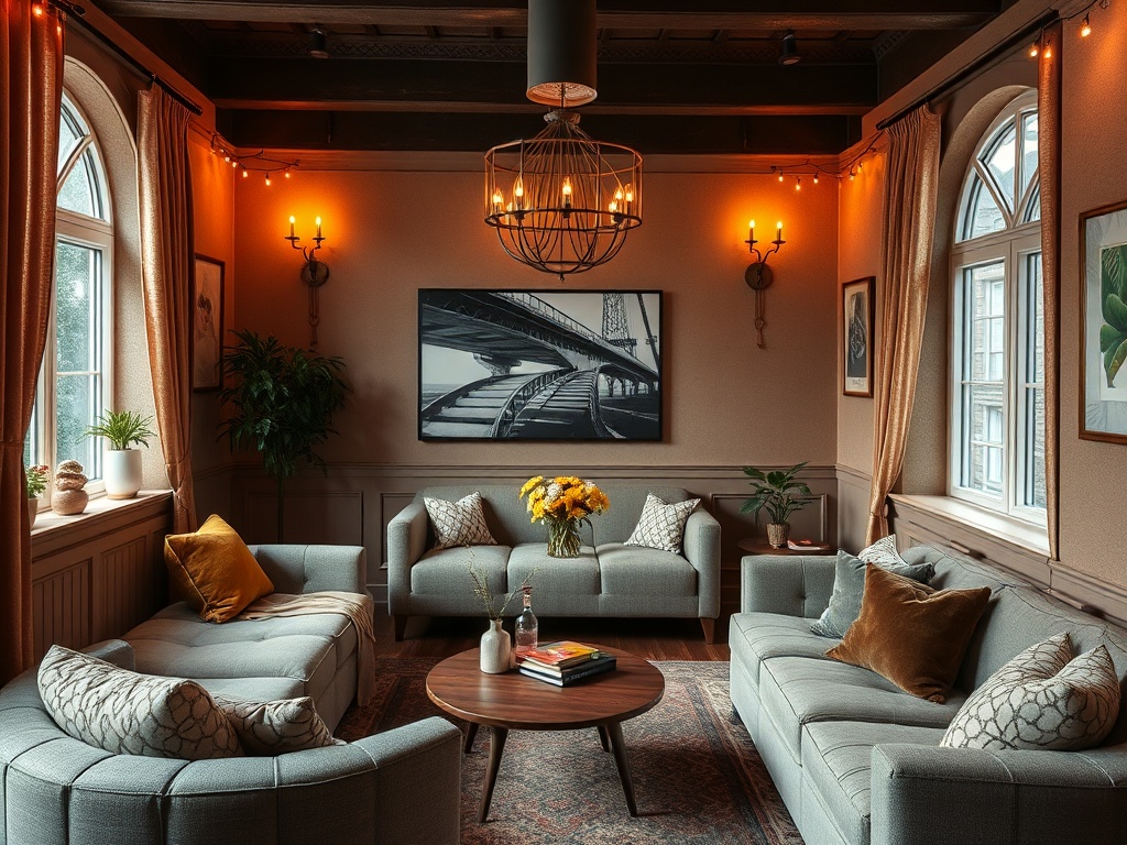 Современная гостиная с уютной мебелью, ярким светом и картиной на стене. Цветы и растения добавляют атмосферу.