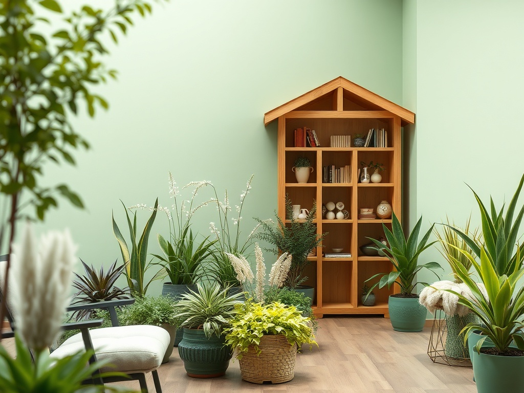 Светлое помещение с зелеными растениями и деревянной полкой, заполненной книгами и предметами интерьера.