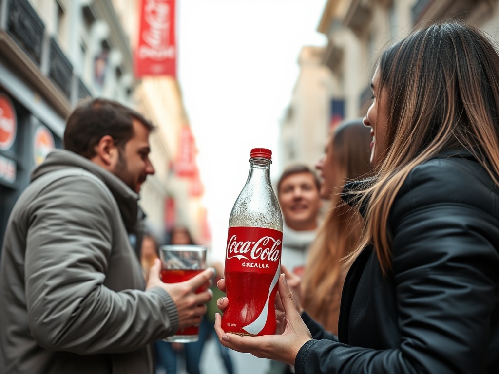 На улице друзья весело общаются и наслаждаются напитком Coca-Cola из стеклянной бутылки.